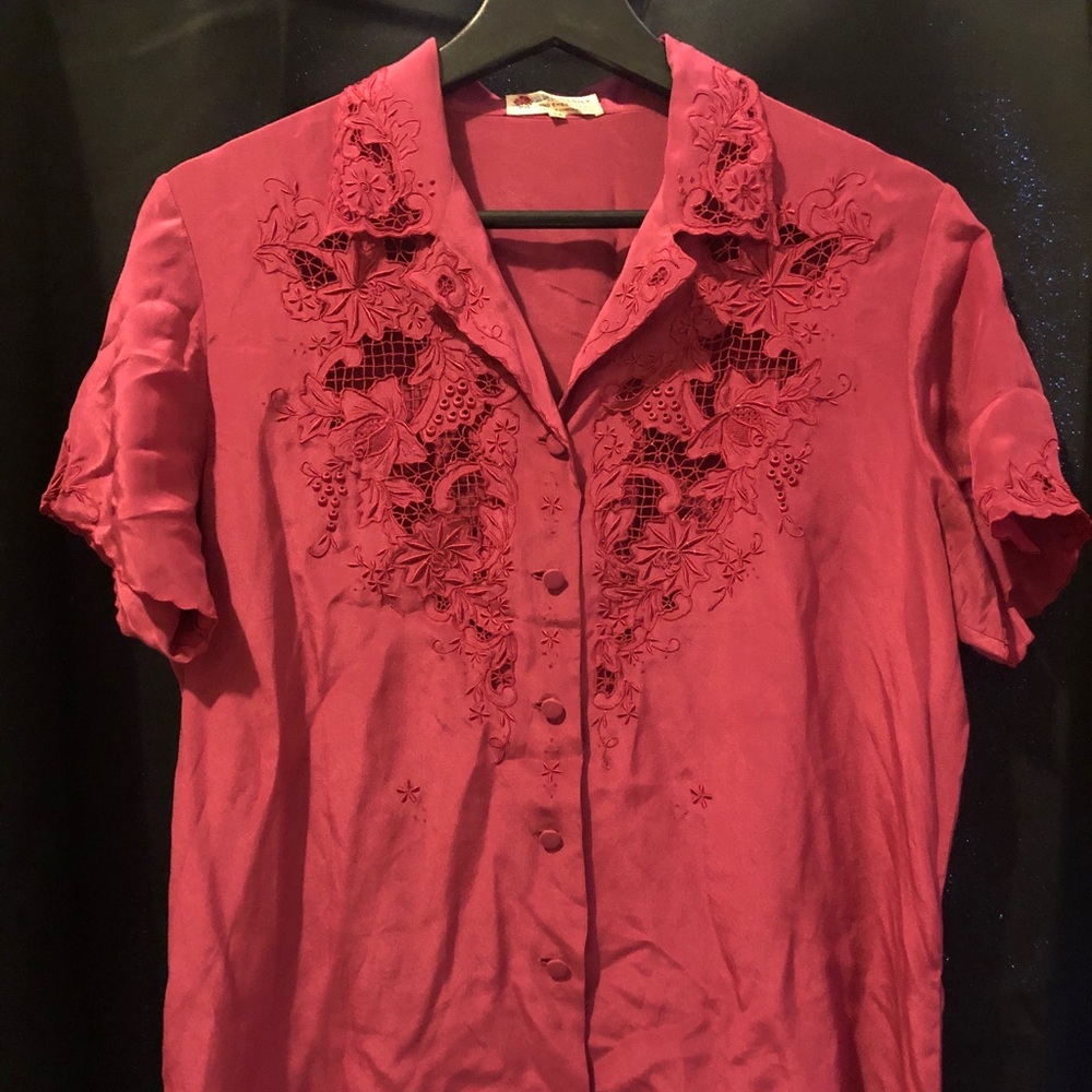 100% silk hand embroidered fuchsia shirt